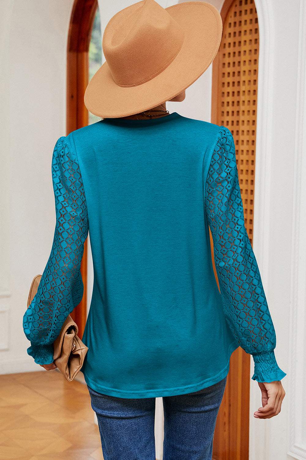 Openwork V-Neck Long Sleeve T-Shirt - Trendsi - Flyclothing LLC