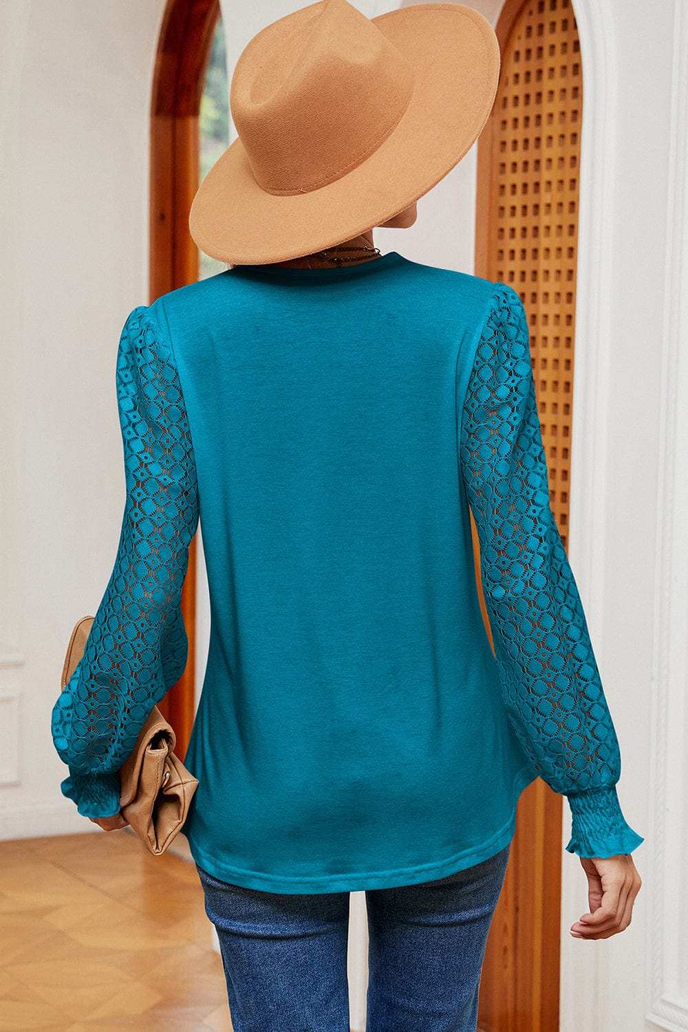 Openwork V-Neck Long Sleeve T-Shirt - Trendsi - Flyclothing LLC