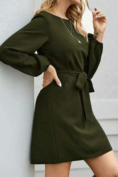 Tied Boat Neck Balloon Sleeve Mini Dress - Trendsi - Flyclothing LLC