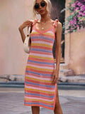 Striped Tie Shoulder Split Cover Up Dress - Trendsi - Flyclothing LLC
