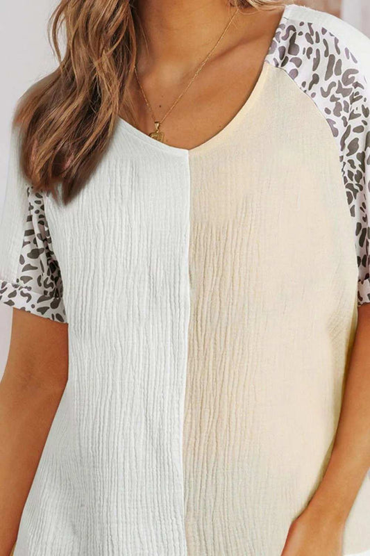 Leopard Color Block V-Neck Top - Trendsi - Flyclothing LLC