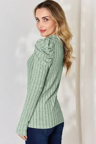 Basic Bae Full Size Ribbed Mock Neck Puff Sleeve T-Shirt - Trendsi - Flyclothing LLC