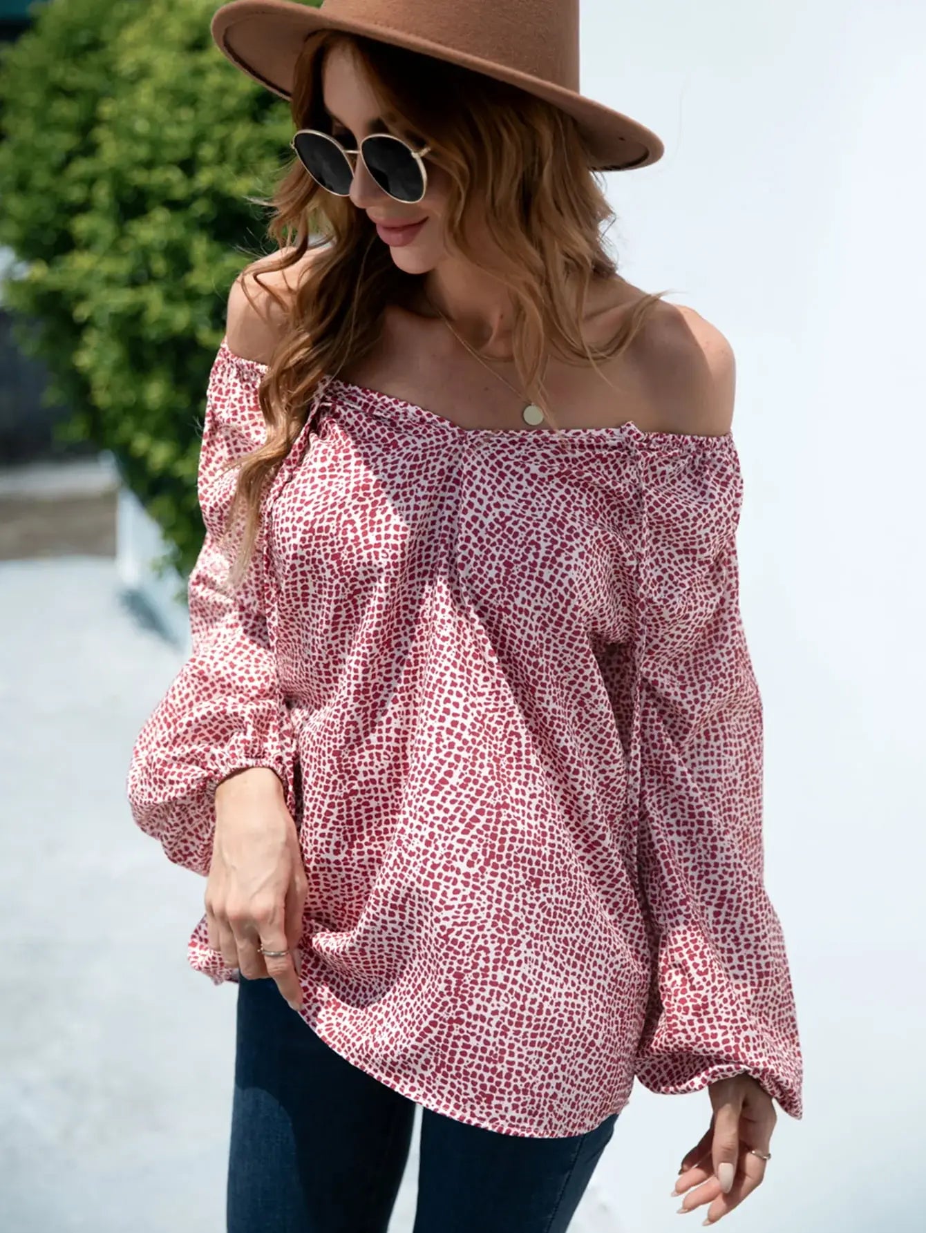 Printed Tie-Neck Balloon Sleeve Blouse - Trendsi - Flyclothing LLC
