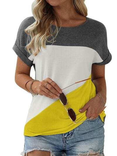Color Block Round Neck Short Sleeve T-Shirt - Trendsi - Flyclothing LLC