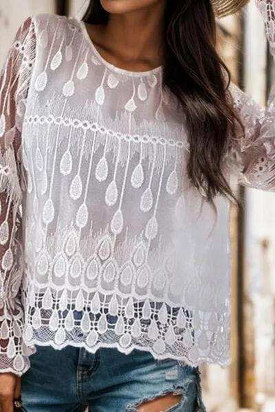 Round Neck Flounce Sleeve Lace Blouse - Trendsi - Flyclothing LLC