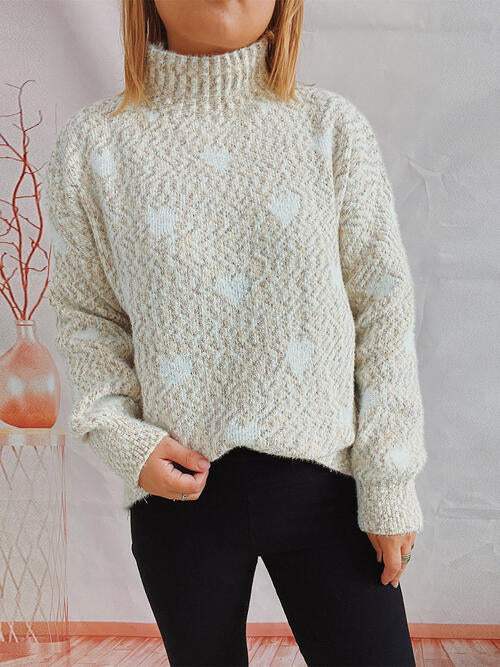 Heart Heathered Turtleneck Drop Shoulder Sweater - Trendsi - Flyclothing LLC