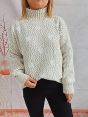Heart Heathered Turtleneck Drop Shoulder Sweater - Trendsi