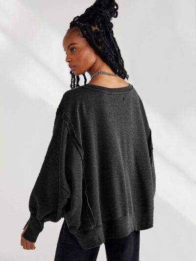 Slit Round Neck Dropped Shoulder T-Shirt - Trendsi - Flyclothing LLC