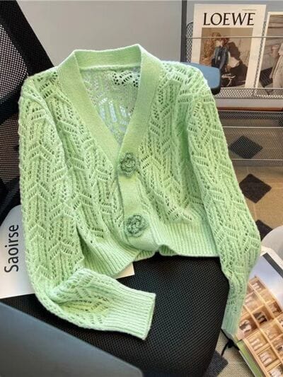 Openwork V-Neck Dropped Shoulder Cardigan - Trendsi