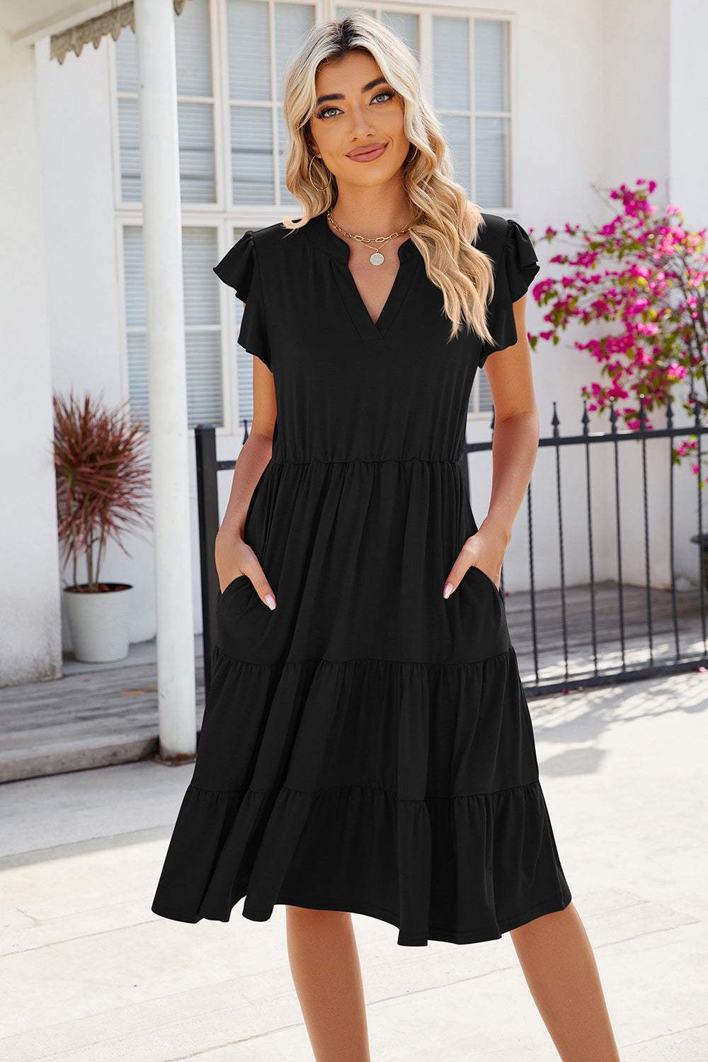Ruched Notched Cap Sleeve Dress - Trendsi - Flyclothing LLC