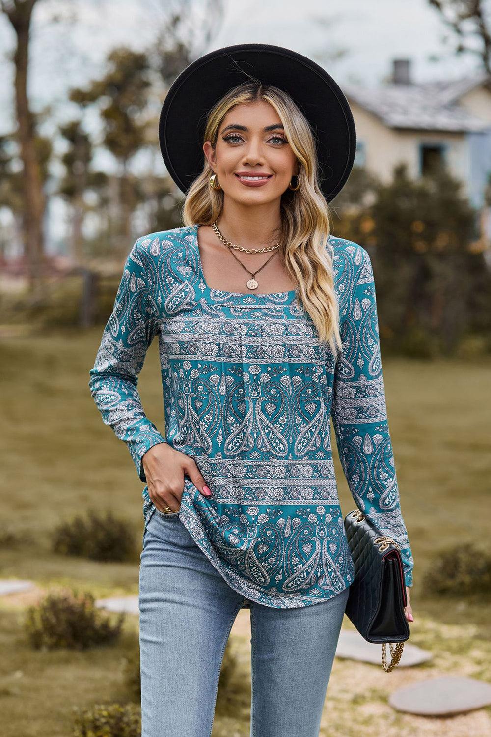 Printed Square Neck Long Sleeve Blouse - Trendsi