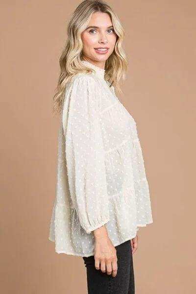 Culture Code Full Size Swiss Dot Smocked Mock Neck Blouse - Trendsi - Flyclothing LLC