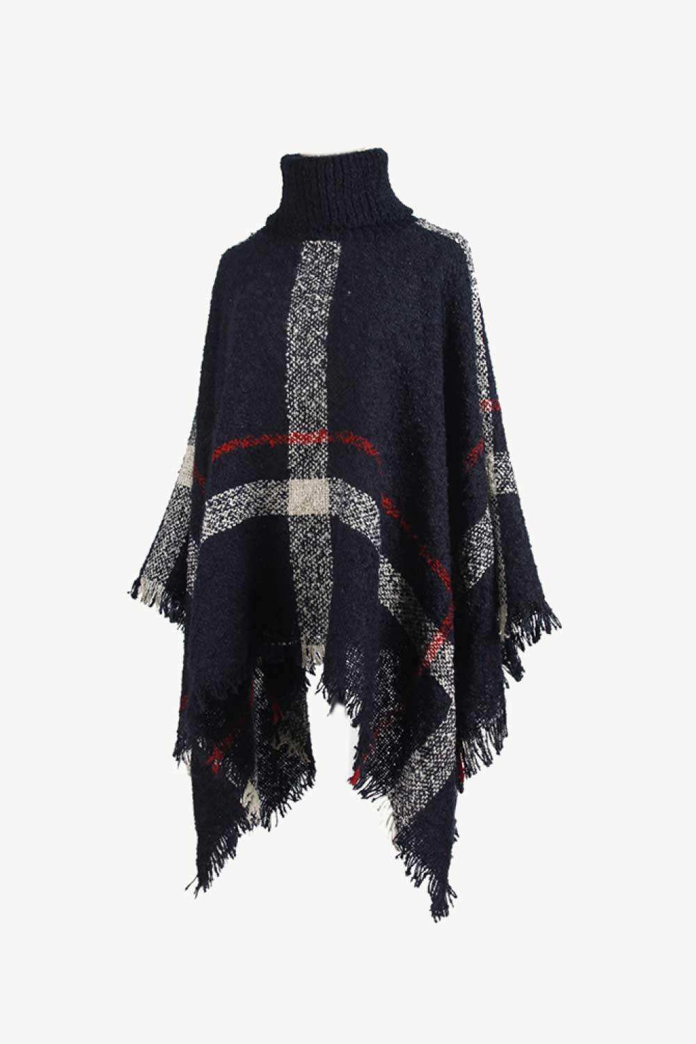 Plaid Turtleneck Raw Hem Poncho - Trendsi - Flyclothing LLC
