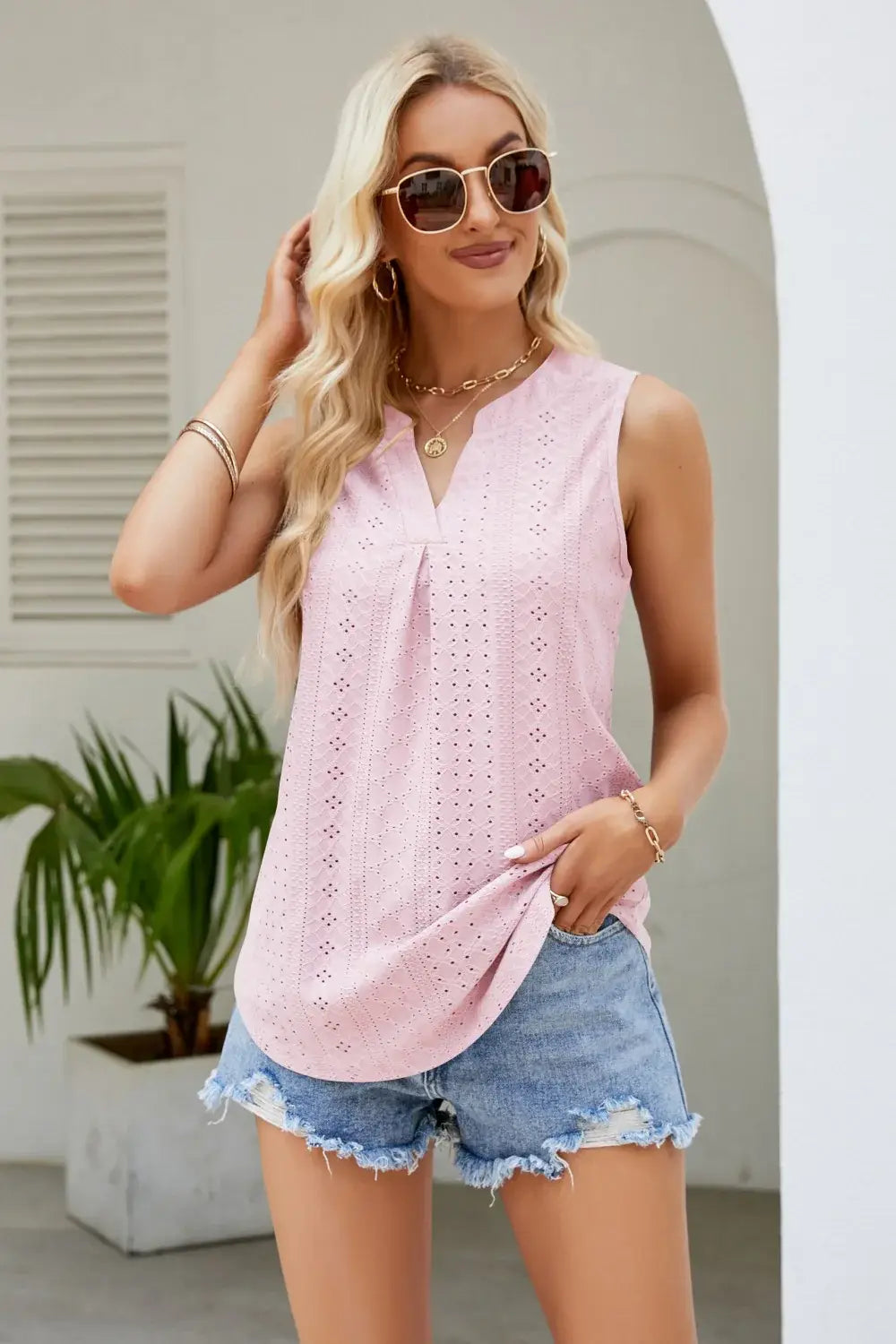 Notched Neck Curved Hem Eyelet Tank - Trendsi - Flyclothing LLC