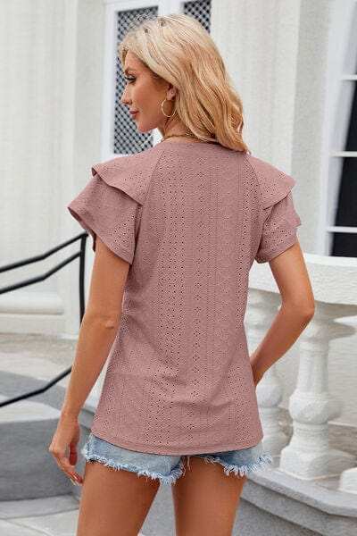 Eyelet Notched Short Sleeve T-Shirt - Trendsi - Flyclothing LLC