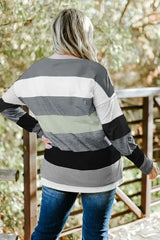 Plus Size Striped Slit Long Sleeve T-Shirt - Trendsi - Flyclothing LLC