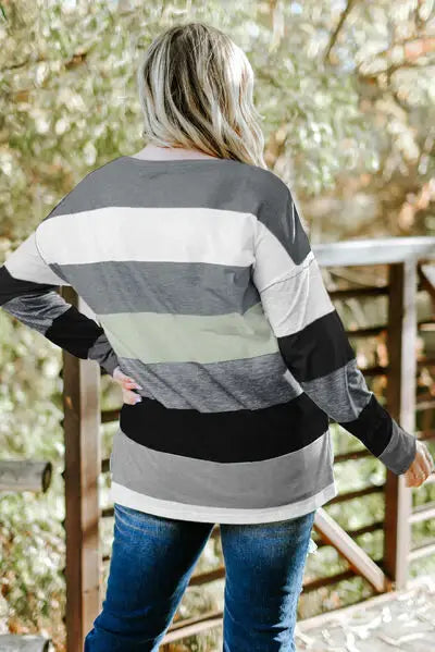 Plus Size Striped Slit Long Sleeve T-Shirt - Trendsi - Flyclothing LLC