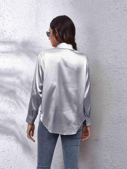 Collared Neck Buttoned Long Sleeve Shirt - Trendsi