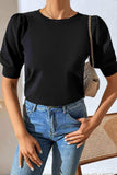 Round Neck Puff Sleeve Knit Top - Trendsi - Flyclothing LLC