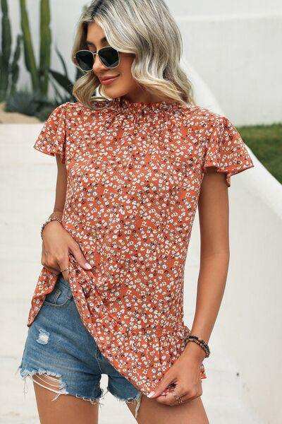 Ditsy Floral Mock Neck Short Sleeve T-Shirt - Trendsi - Flyclothing LLC