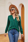 Buttoned Notched Neck Long Sleeve Top - Trendsi - Flyclothing LLC