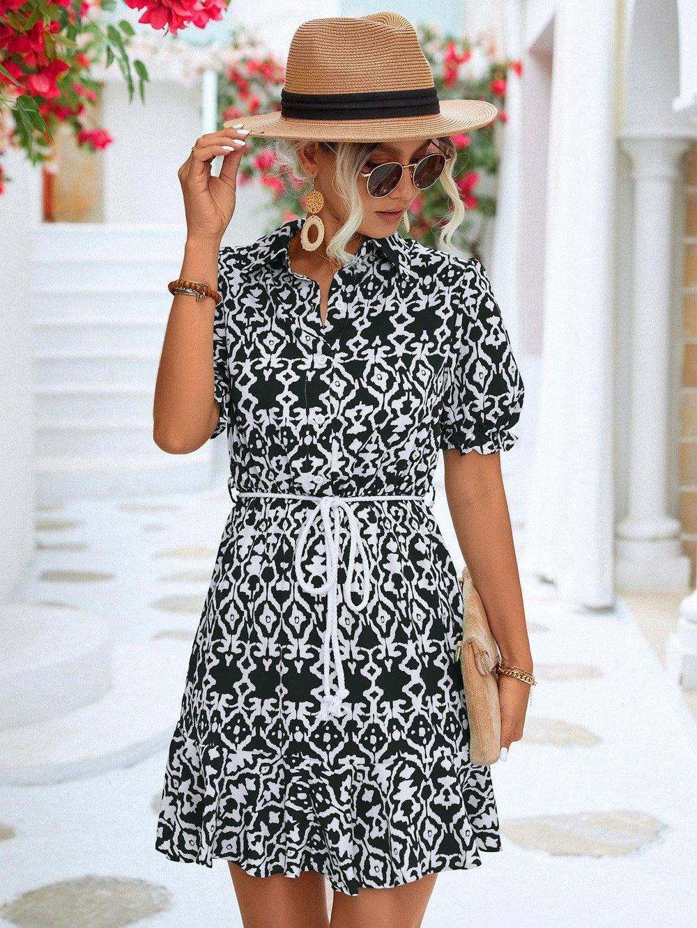 Printed Tie Waist Collared Flounce Sleeve Dress - Trendsi - Flyclothing LLC