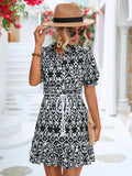 Printed Tie Waist Collared Flounce Sleeve Dress - Trendsi