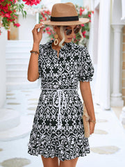 Printed Tie Waist Collared Flounce Sleeve Dress - Trendsi