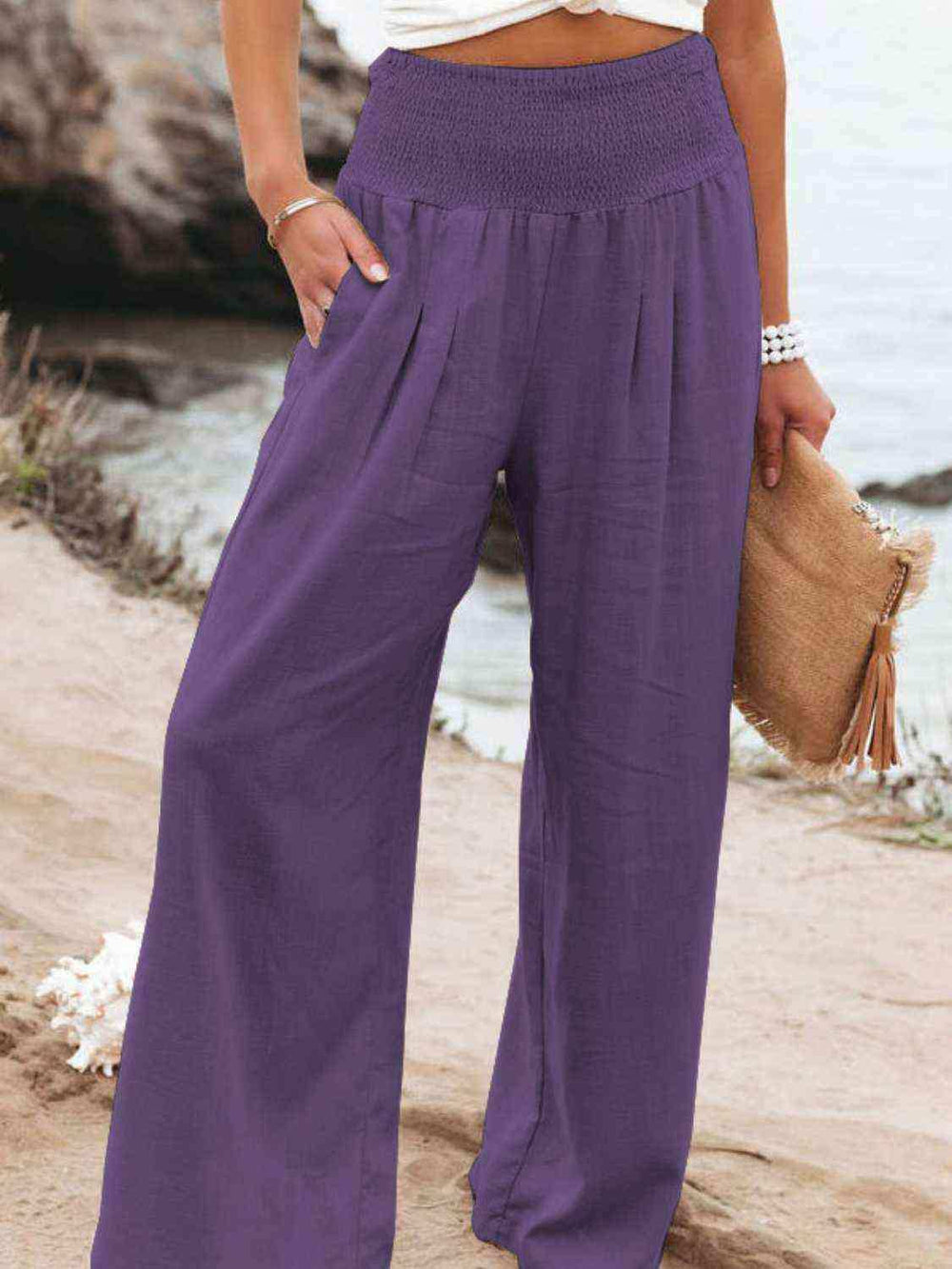 Full Size Smocked Waist Wide Leg Pants - Trendsi - Flyclothing LLC