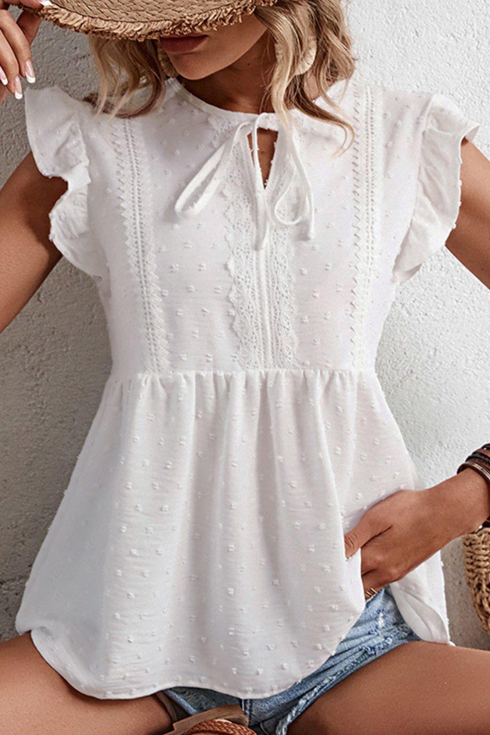 Swiss Dot Tie-Neck Flutter Sleeve Peplum Blouse - Flyclothing LLC