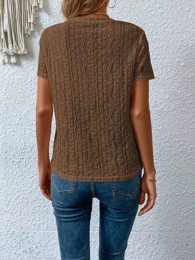Eyelet Round Neck Short Sleeve T-Shirt - Trendsi - Flyclothing LLC