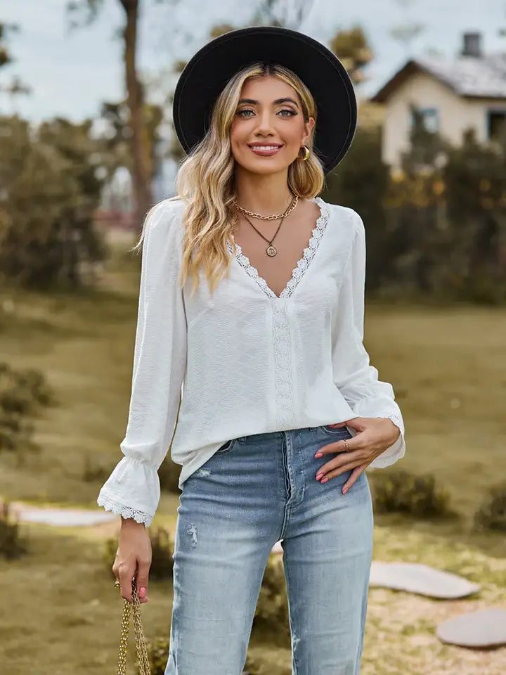 V-Neck Flounce Sleeve Blouse - Trendsi - Flyclothing LLC
