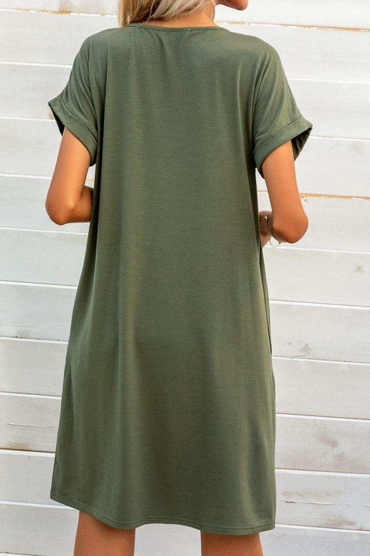 Scoop Neck Short Sleeve Pocket Dress - Trendsi - Flyclothing LLC