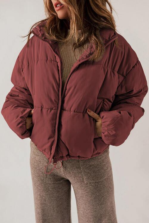 Zip Up Collared Neck Long Sleeve Winter Coat - Flyclothing LLC