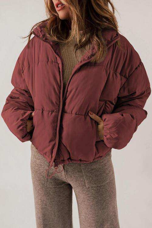 Zip Up Collared Neck Long Sleeve Winter Coat - Trendsi - Flyclothing LLC
