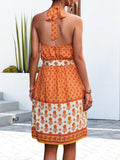 Floral Halter Neck Tie Waist Dress - Trendsi