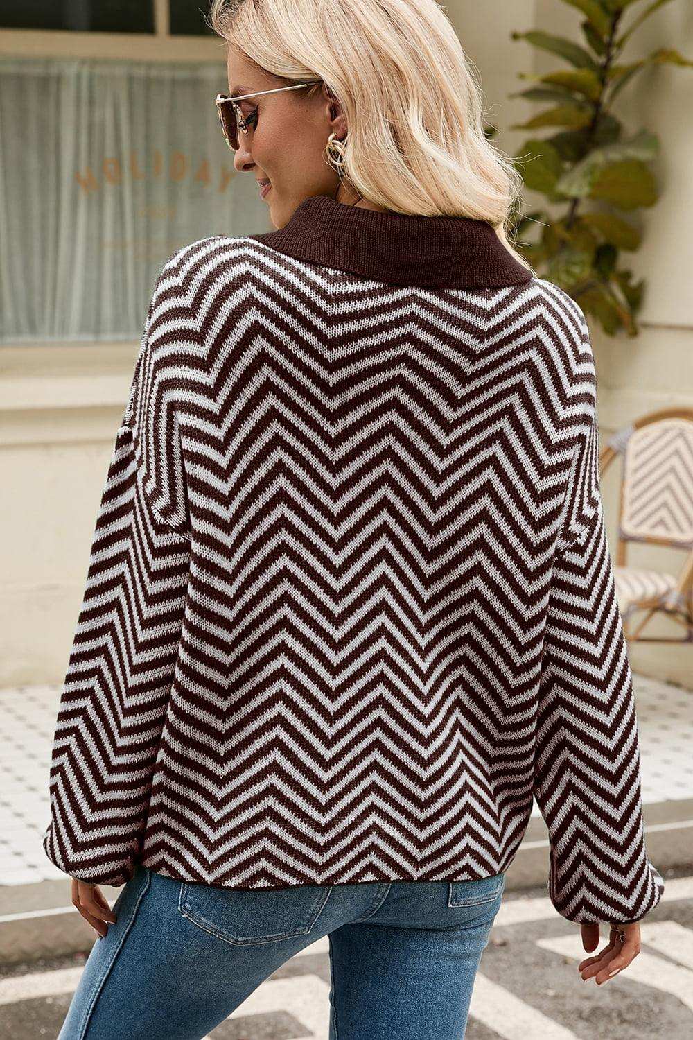 Striped Collared Neck Buttoned Pullover Sweater - Trendsi - Flyclothing LLC
