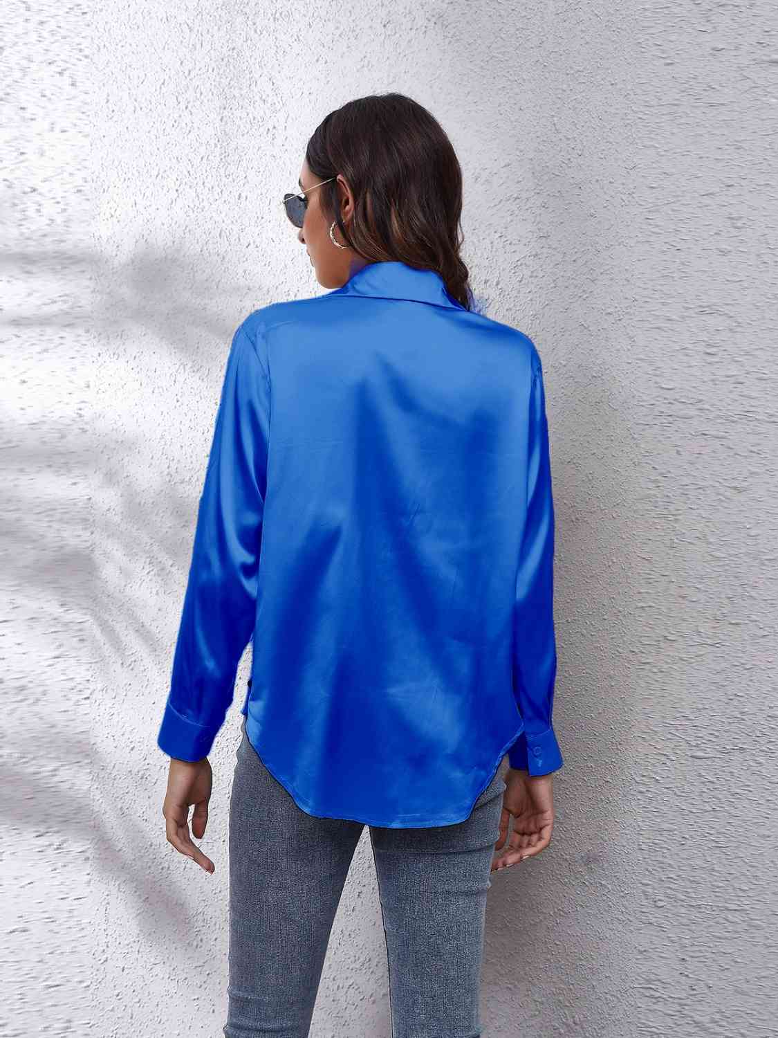 Collared Neck Buttoned Long Sleeve Shirt - Trendsi - Flyclothing LLC