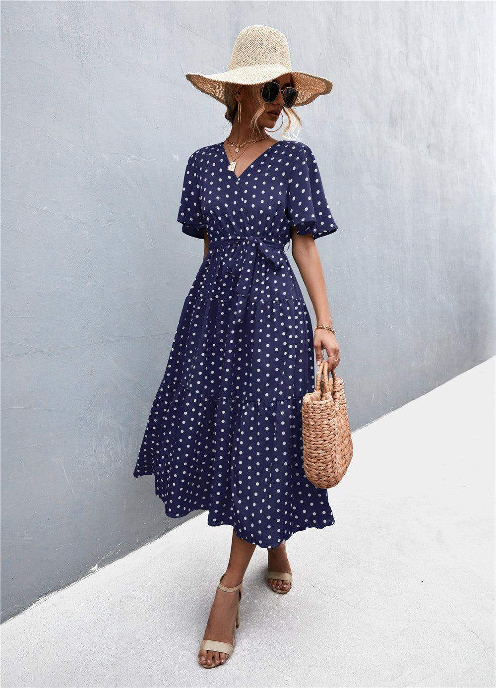 Printed V-Neck Flutter Sleeve Belted Dress - Trendsi - Flyclothing LLC