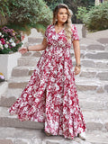Plus Size Slit Printed V-Neck Maxi Dress - Trendsi