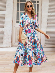 Ruched Printed Surplice Short Sleeve Dress - Trendsi