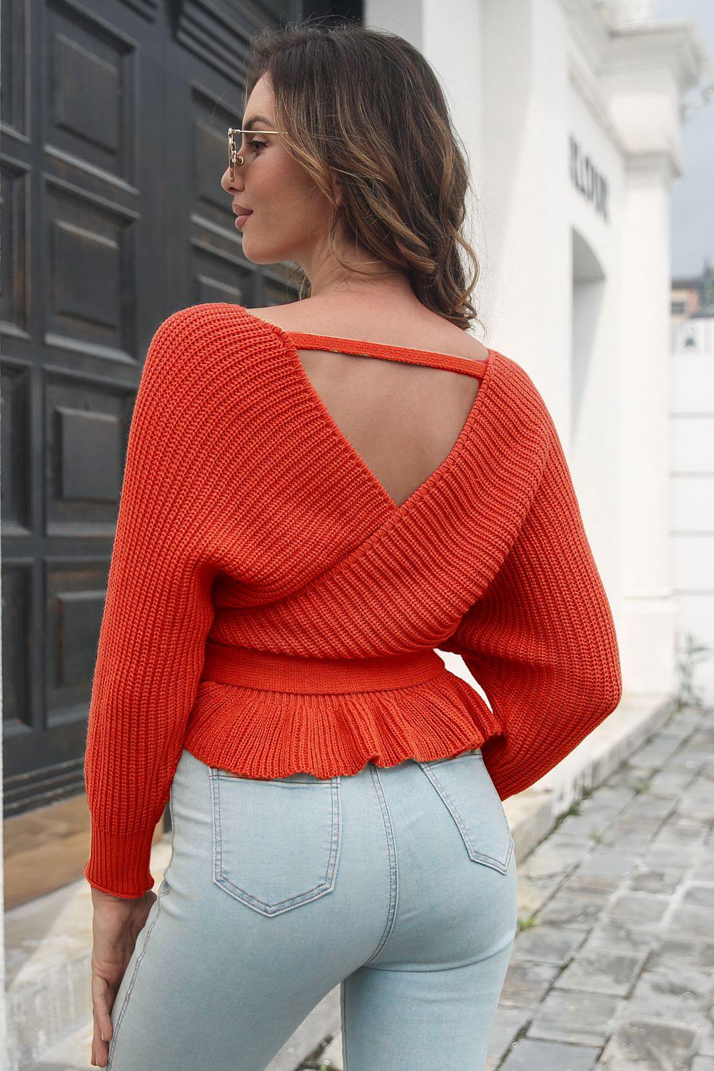 Tie Waist Ruffle Hem Sweater - Trendsi