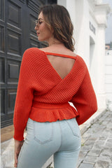 Tie Waist Ruffle Hem Sweater - Trendsi