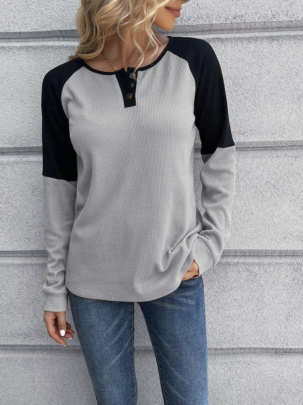 Contrast Buttoned Round Neck Raglan Sleeve Top - Trendsi - Flyclothing LLC