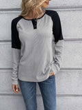 Contrast Buttoned Round Neck Raglan Sleeve Top - Trendsi - Flyclothing LLC