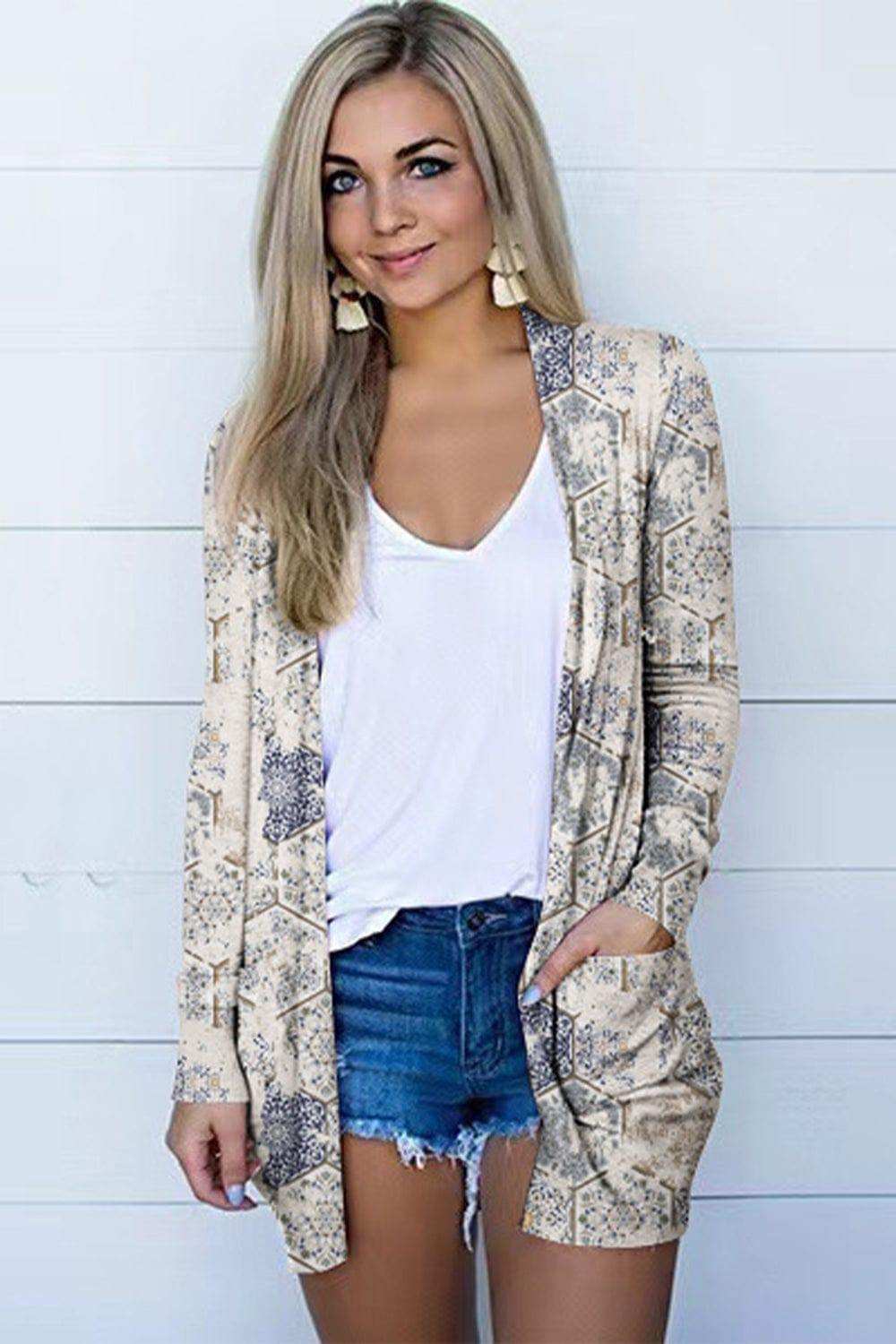 Printed Long Sleeve Cardigan - Trendsi - Flyclothing LLC