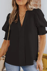 Smocked Flounce Sleeve Notched Neck Blouse - Trendsi - Flyclothing LLC