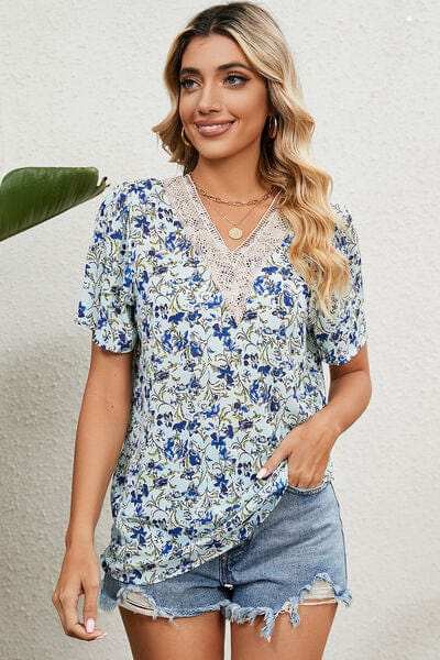 Floral V-Neck Short Sleeve T-Shirt - Trendsi - Flyclothing LLC
