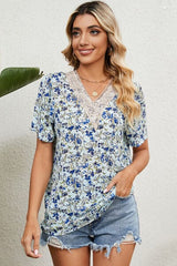 Floral V-Neck Short Sleeve T-Shirt - Trendsi