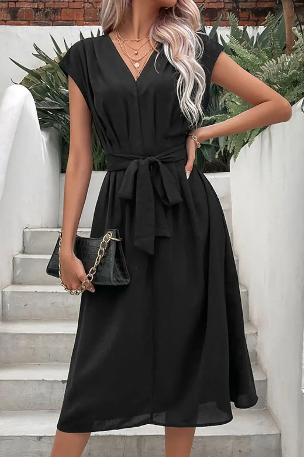 Tie Belt V-Neck Pleated Dress - Trendsi - Flyclothing LLC
